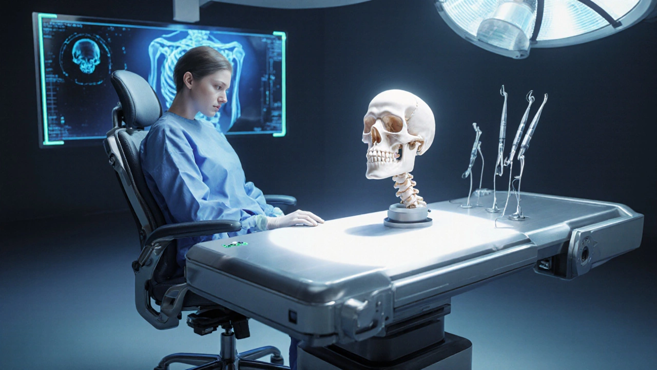 3D tištěný model čelního skeletu na ergonomickém operačním stole u chirurga.