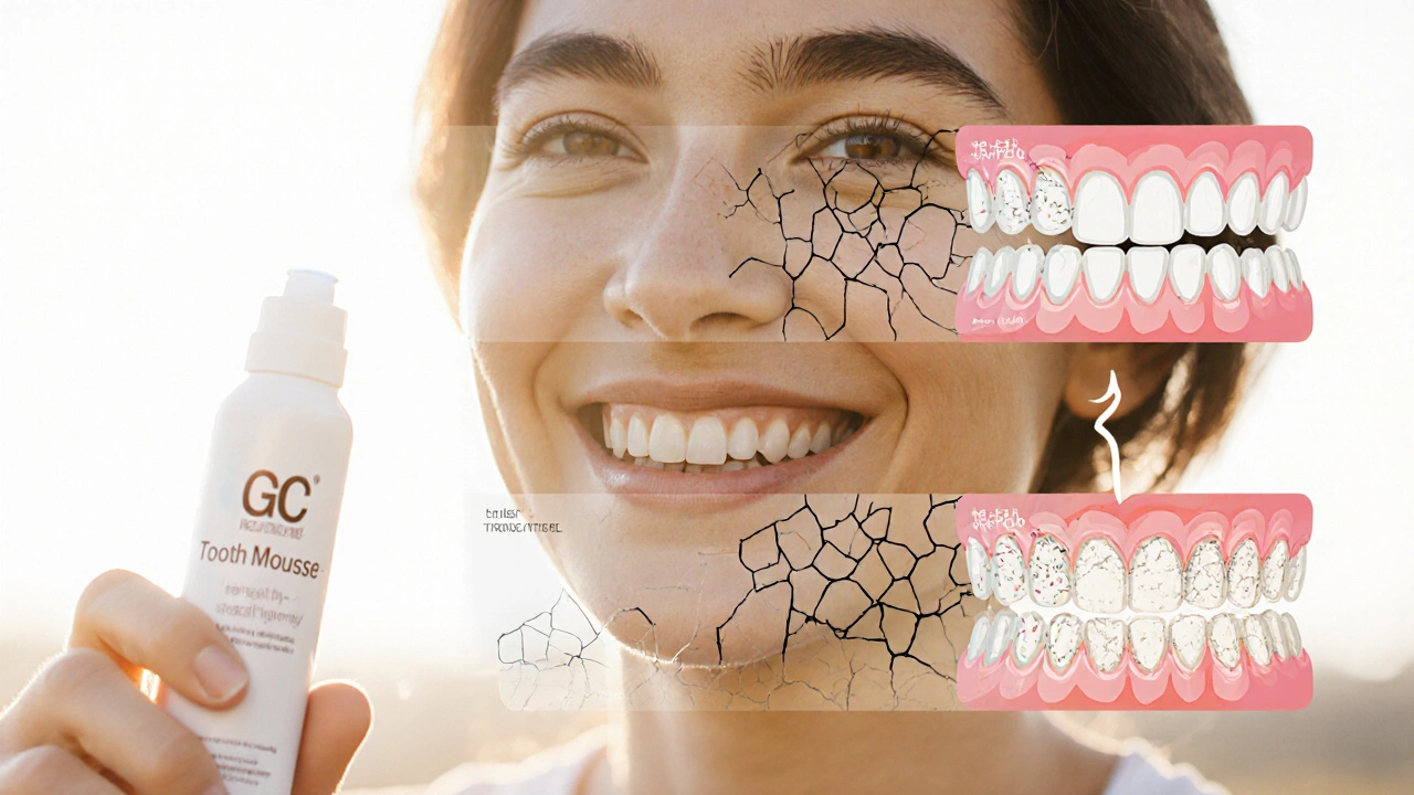 Člověk aplikuje GC Tooth Mousse, s představou obnovy zubní skloviny.