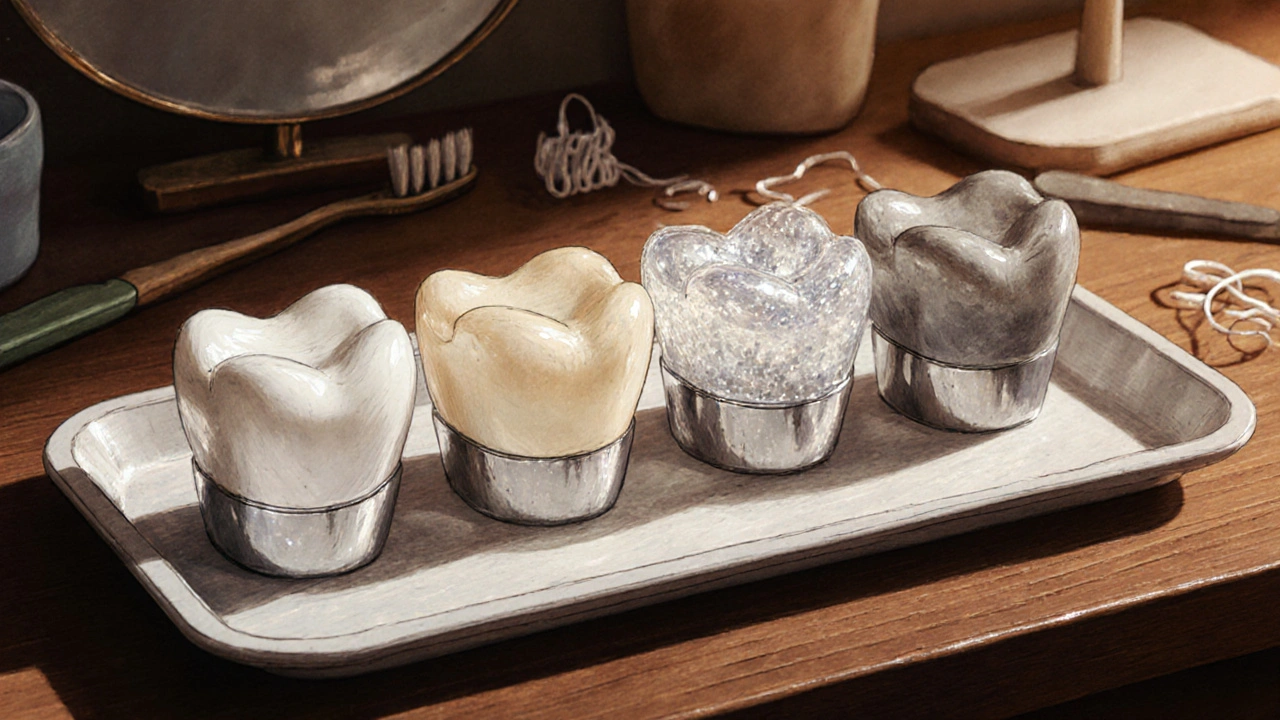 Čtyři různé typy zubních korunek na dentální podložce.