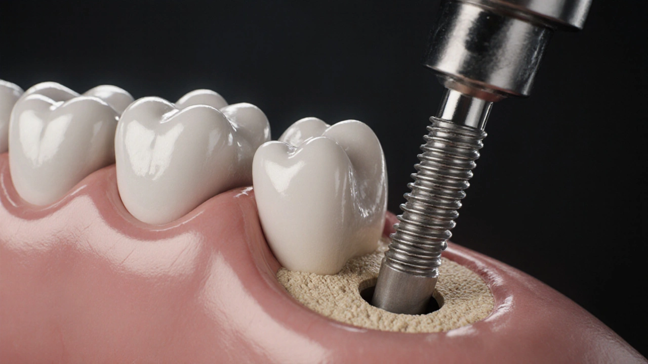 Detailní záběr na vrtání kosti a vložení titanového zubního implantátu.