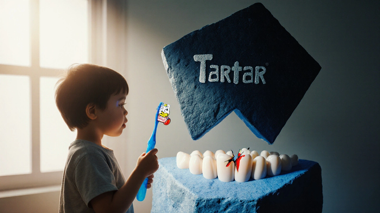 Dítě drží štěteček s hrdinou, zatímco stín zubního kamene ohrožuje růst trvalých zubů.