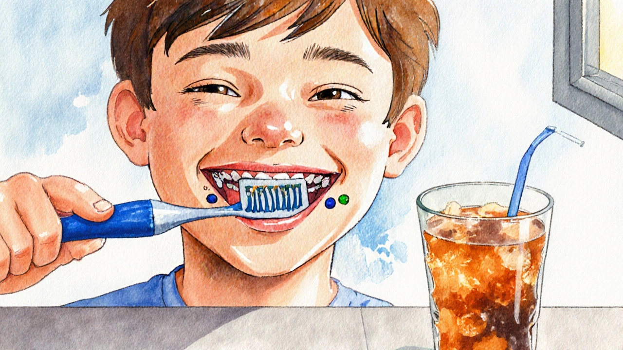 Ilustrace ukazující plak a bakterie mezi zbytkem rovnátka a nápoje.