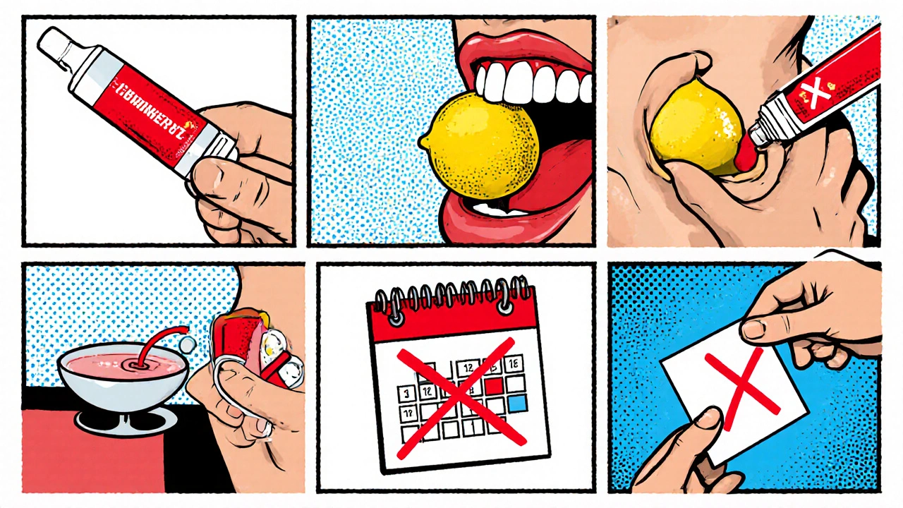 Ilustrace zakázaných postupů při bělení zubů: vysoký peroxid, citron, míchání gelů.