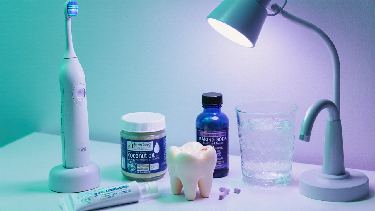 Koupelnová scéna s ranním čištěním zubů, oil pulling, doplňky a večerním hydroxyapatitovým krémem.