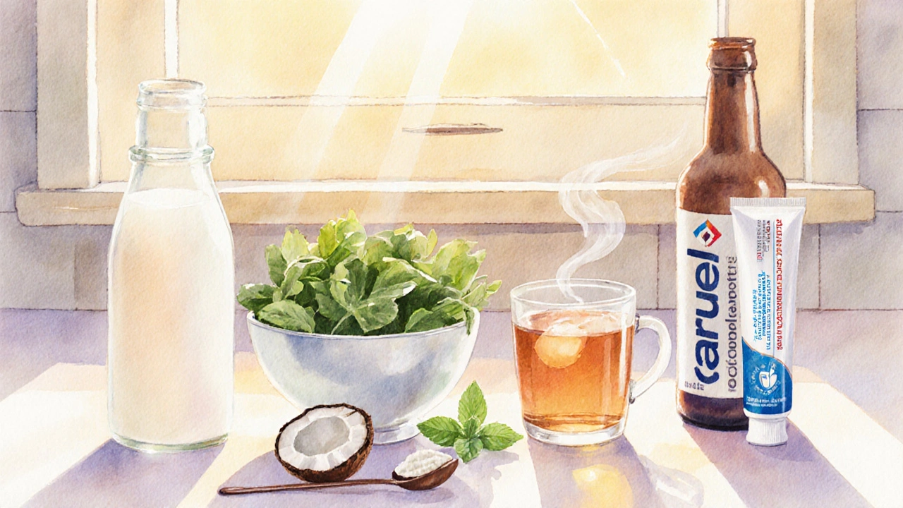 Kuchyňský stolek s mléčnými výrobky, listovou zeleninou, kokosovým olejem a čajem z máty.