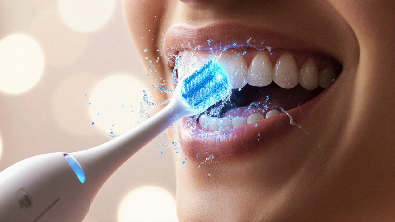 Micro-currents removing plaque between teeth using sonic vibrations.