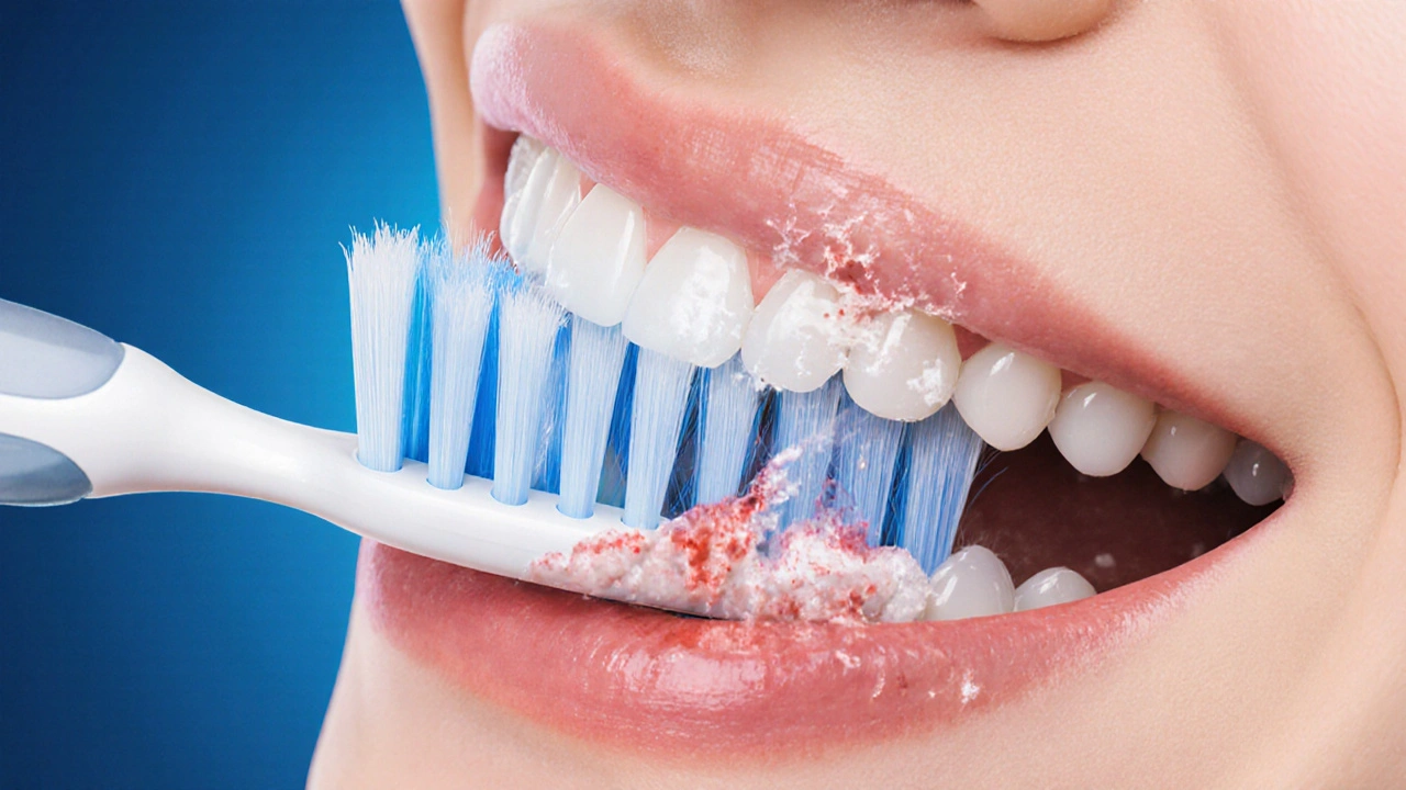 Mikroskopický pohled na štětce Curaprox čistící mezery mezi zuby a pod dásněmi.