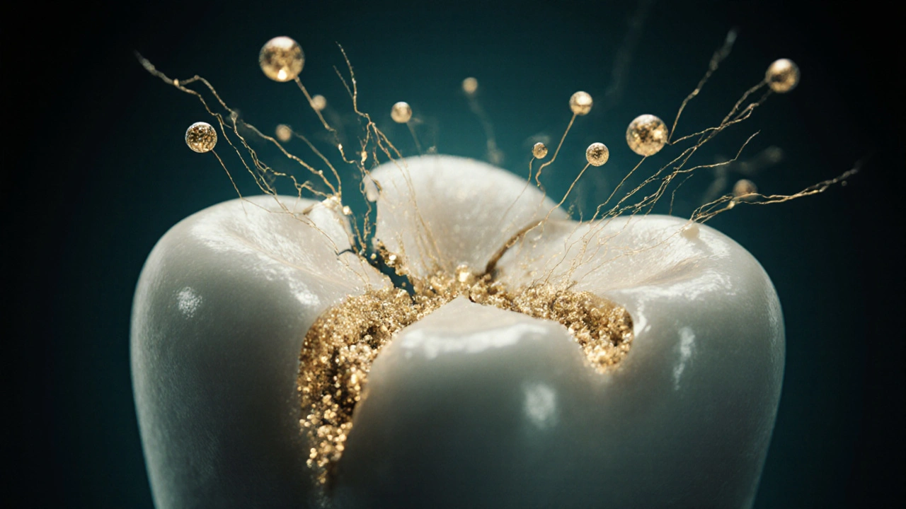 Mikroskopický pohled na vstřebávání minerálů do trhliny v zubní sklovině.