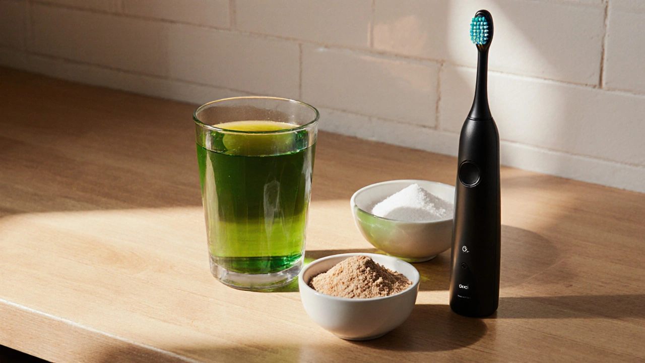 Natural oral care alternatives: green tea, coconut oil, and baking soda.