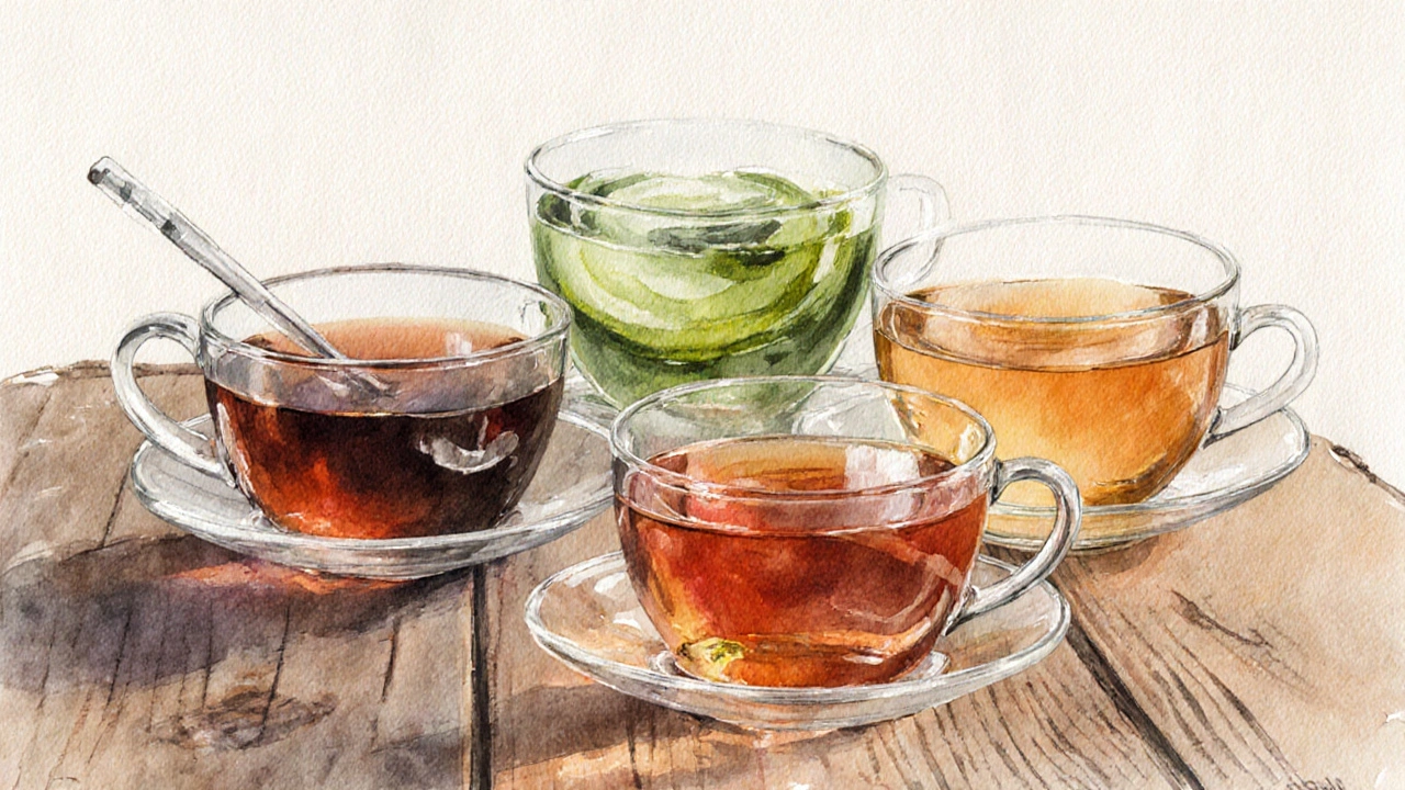 Pěti čajům v různých barvách: černý, zelený, matcha, rooibos, oolong, vedle brčka.