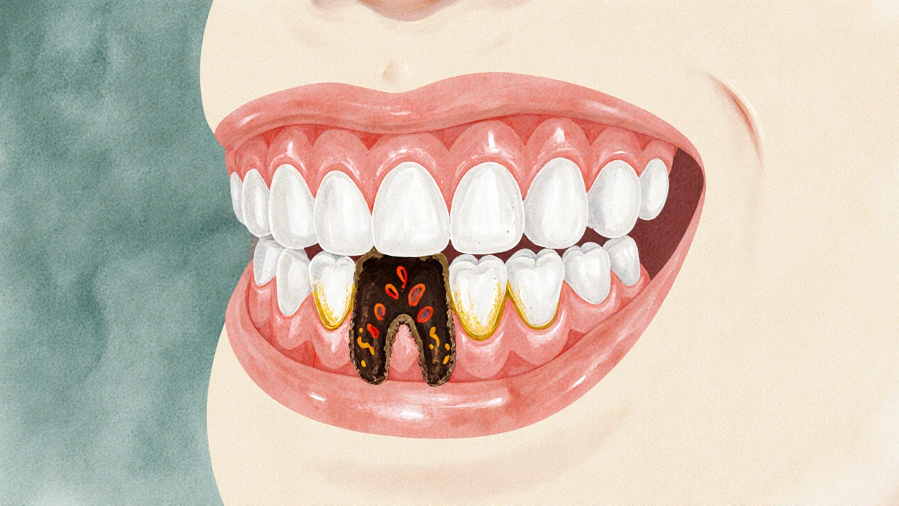 Příčný řez dětského ústního ústrojí s viditelným zubním kamenem a skrytými zárodky trvalých zubů.