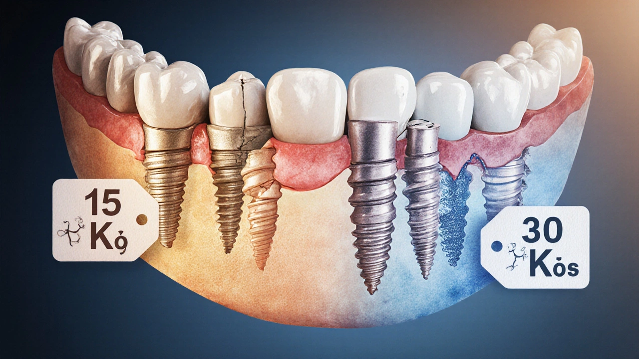 Průřez čelistí s porovnáním kvalitního a levného implantátu, s různým stavem kosti a cenami.