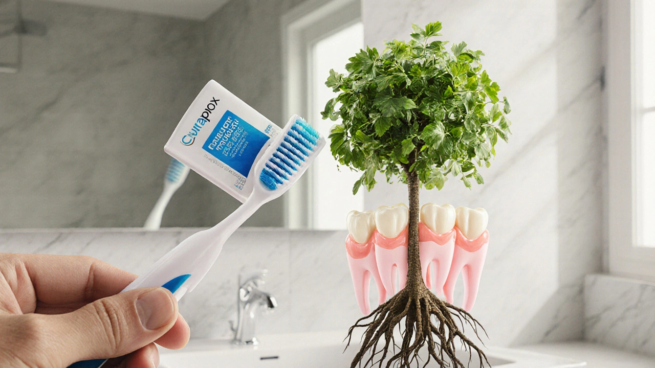 Ruka drží Curaprox kartáček vedle stromu z recyklovaného plastu, který přeměňuje odpad na zdravé zuby.