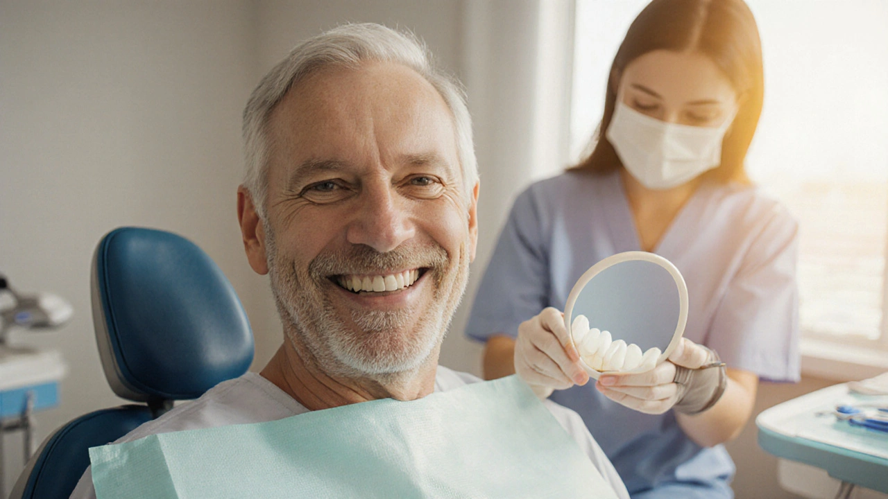 Spokojený pacient s úsměvem po implantaci, dentální hygienička kontroluje dásně.