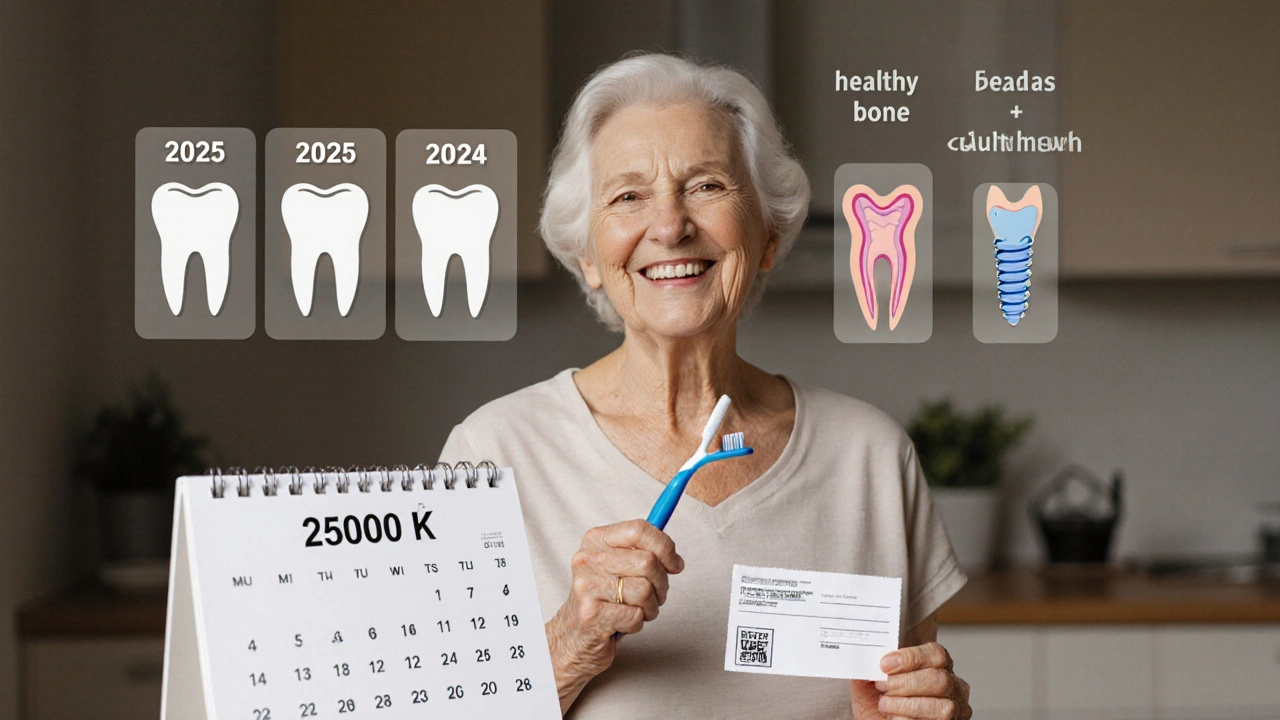 Žena se smíchem drží kartáček, za ní časová osa implantátu od 2025 do 2040, na pozadí účtenka s cenou.