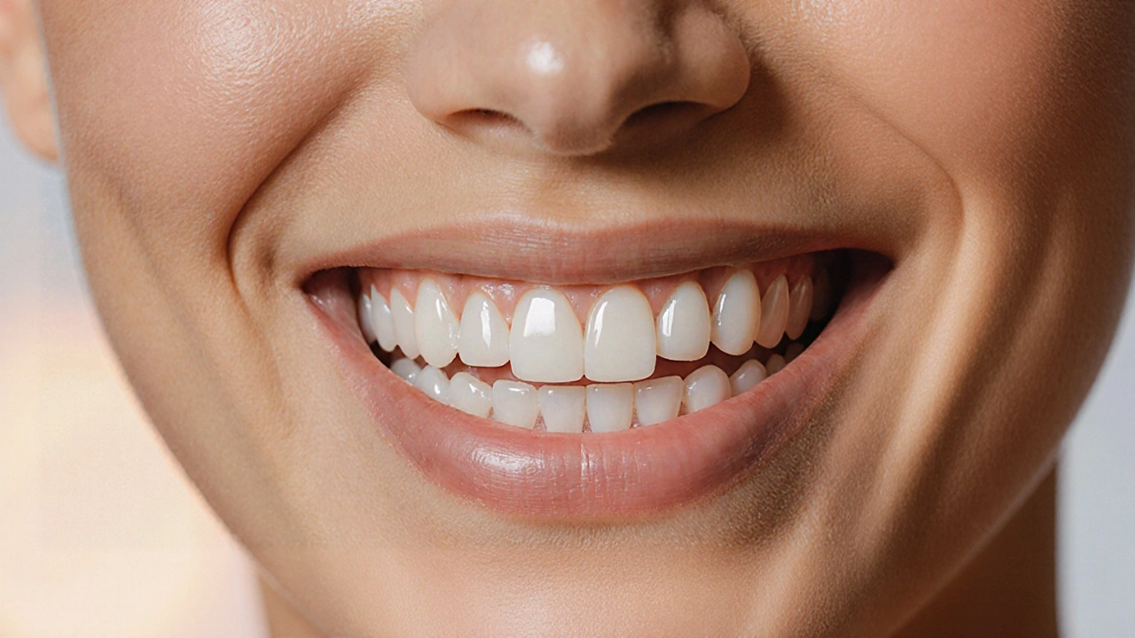 A person smiling with naturally beautiful, enhanced front teeth covered in ceramic veneers.