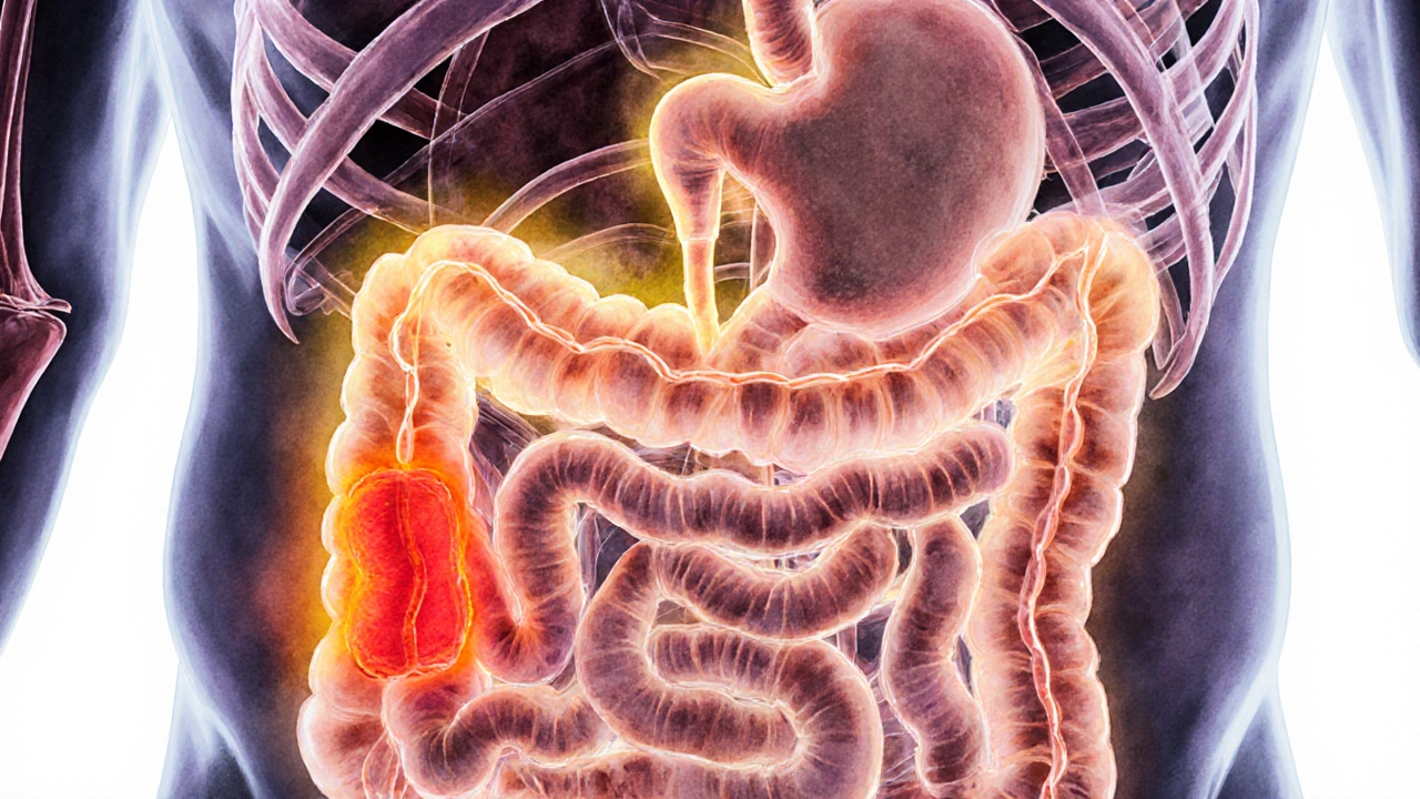 Anatomická ilustrace trávicího traktu s blokádou v sestupném střevě a plynem se šířícím výš.