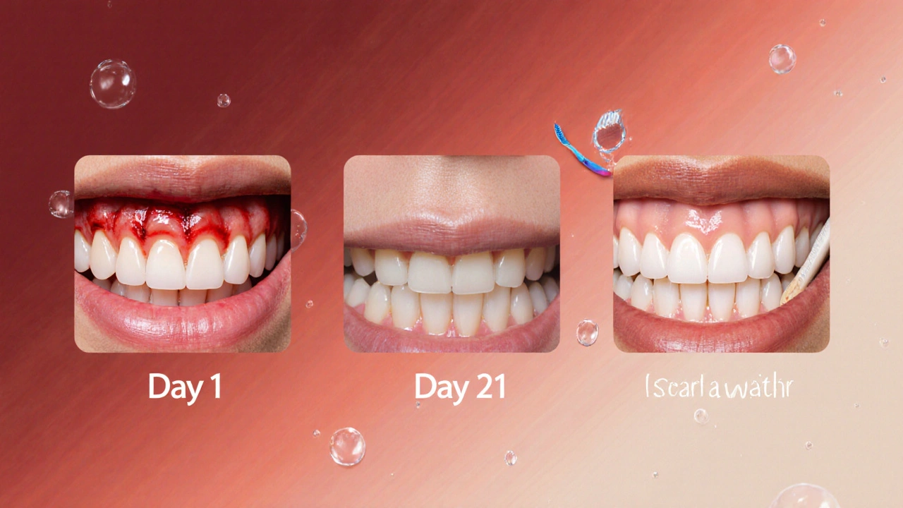 Časová osa hojení dásní po kyretáži ve třech fázích: 1., 5. a 21. den.