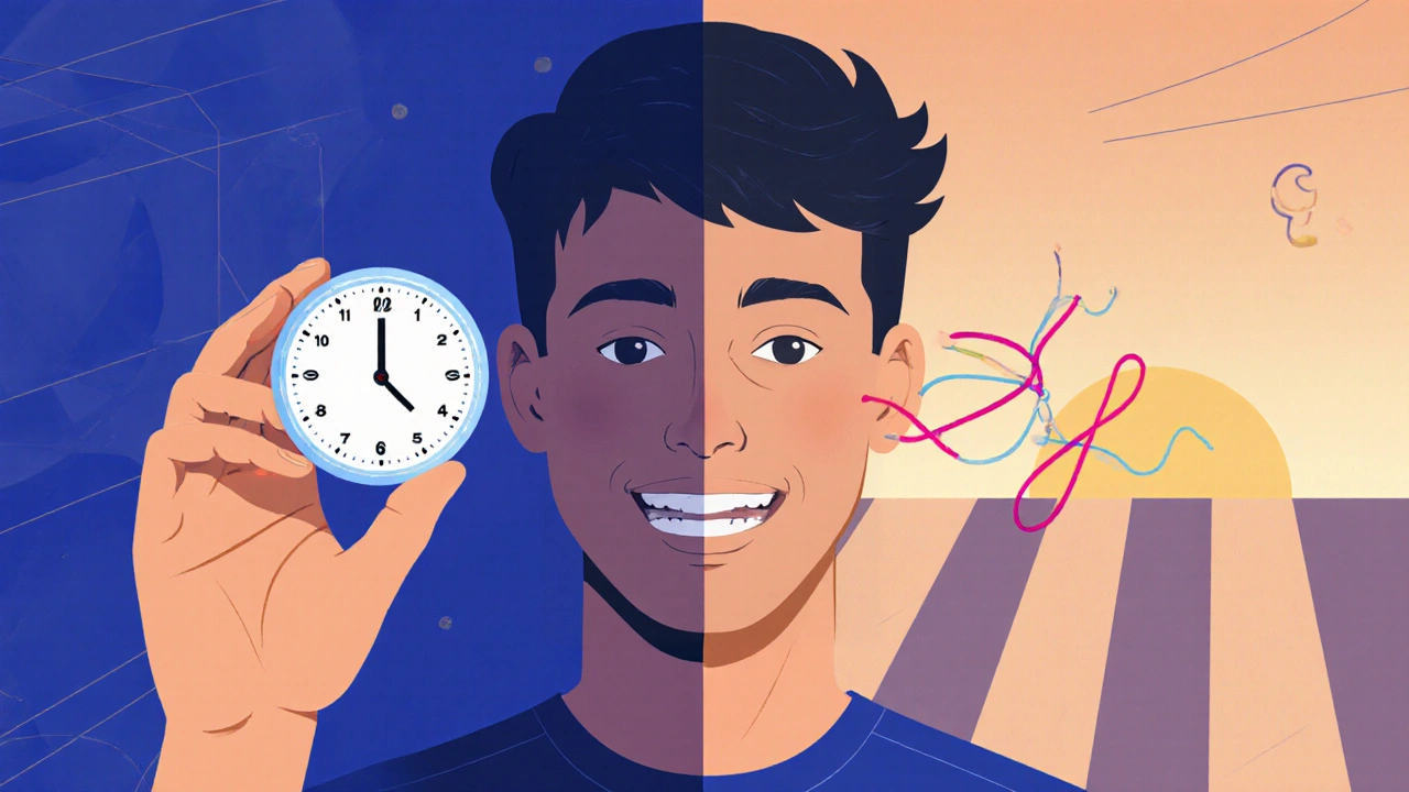 Člověk mění gumičky na rovnátka, s vizuálním porovnáním starých a nových elastik v rámci dne.