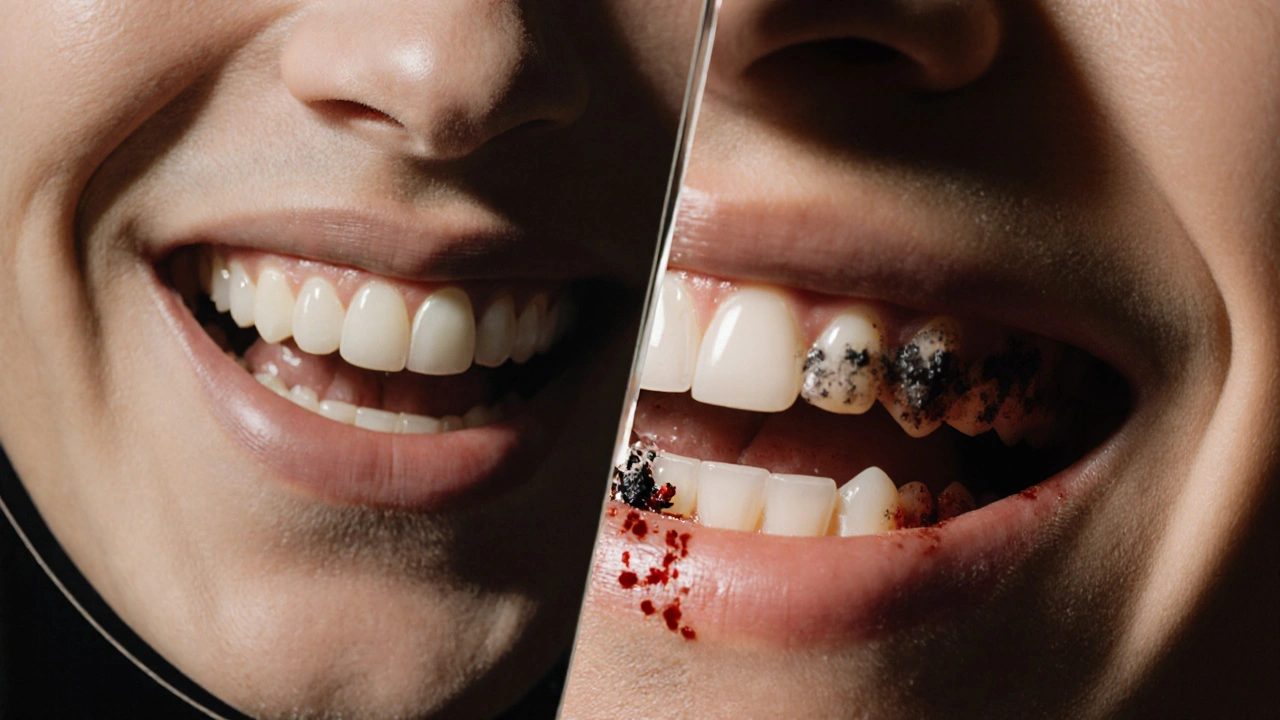 Člověk v zrcadle: čistý úsměv nahoře, pod dásněmi skrytý tmavý kámen a zánět.