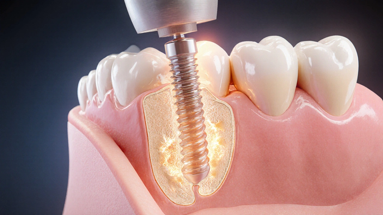 Cross-section of a dental implant integrating with jawbone tissue.