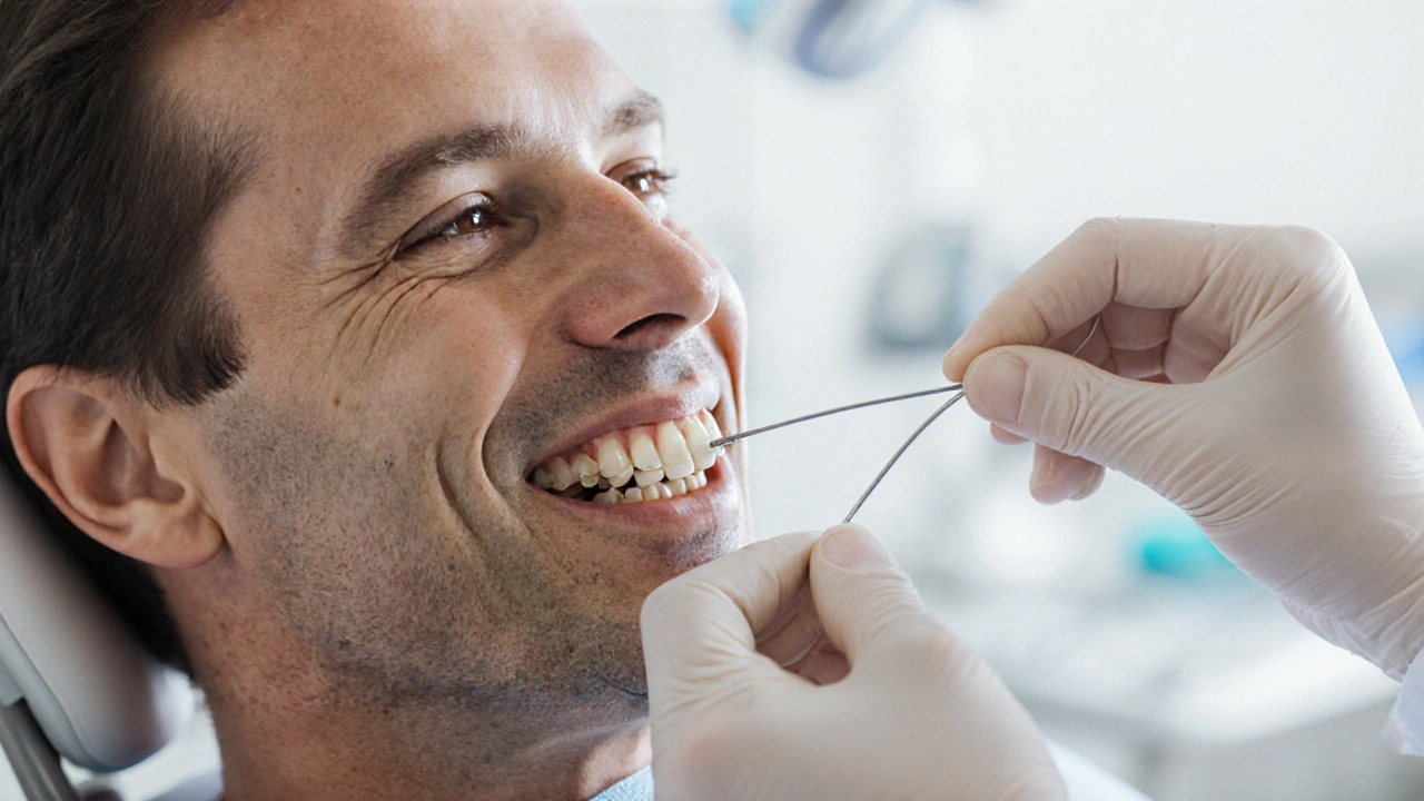 Dentista upravuje drát na fixních rovnátkách dospělého pacienta v klinice.