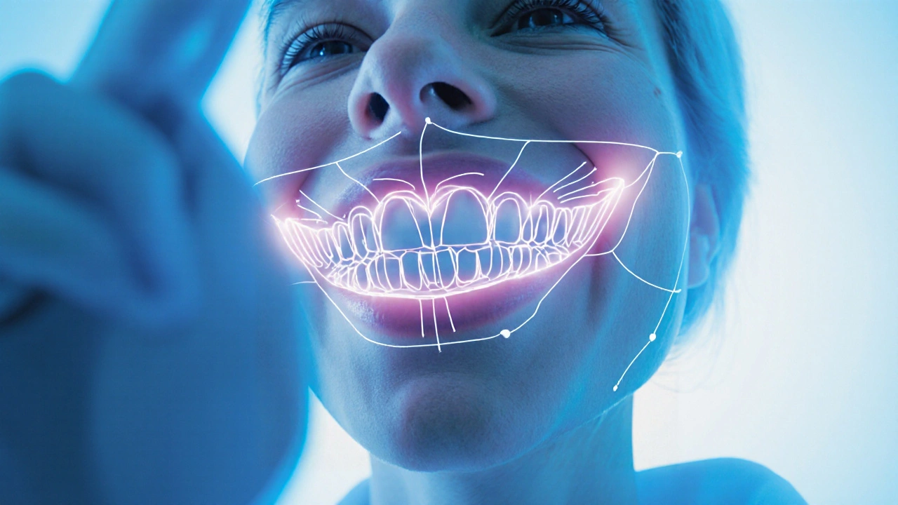 Digital smile design showing before-and-after tooth transformation with glowing contours.