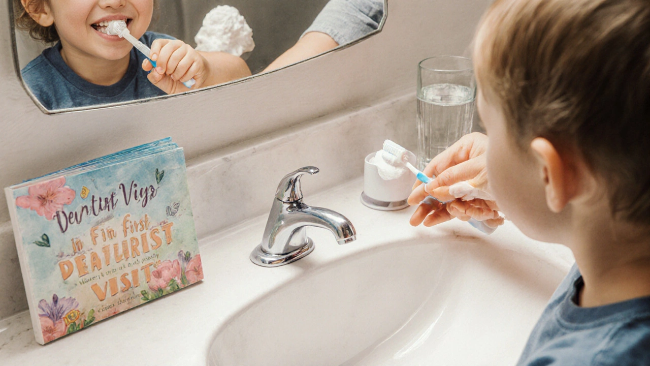Dítě čistí zuby s rodičem u umyvadla, používá malé množství fluoridové pasty.