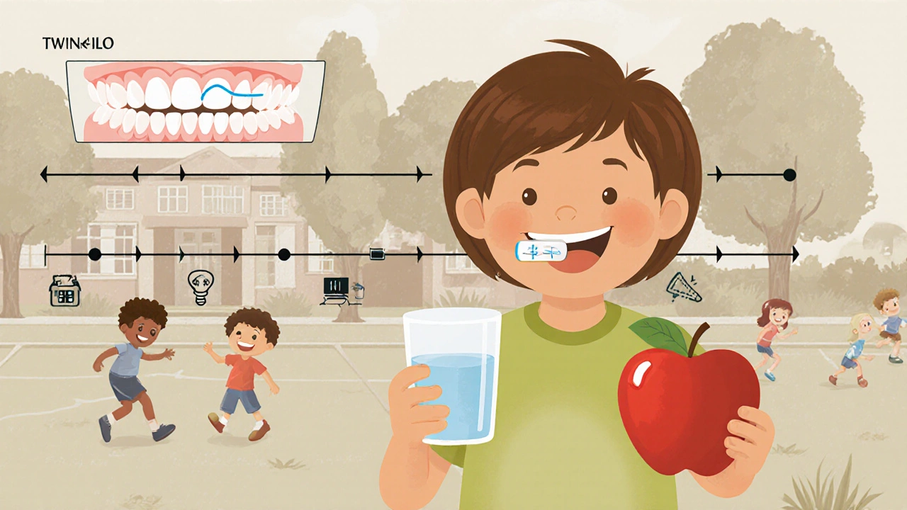 Dítě s udržovacím přístrojem drží jablko a sklenici vody, symbolizující zdravé zuby.