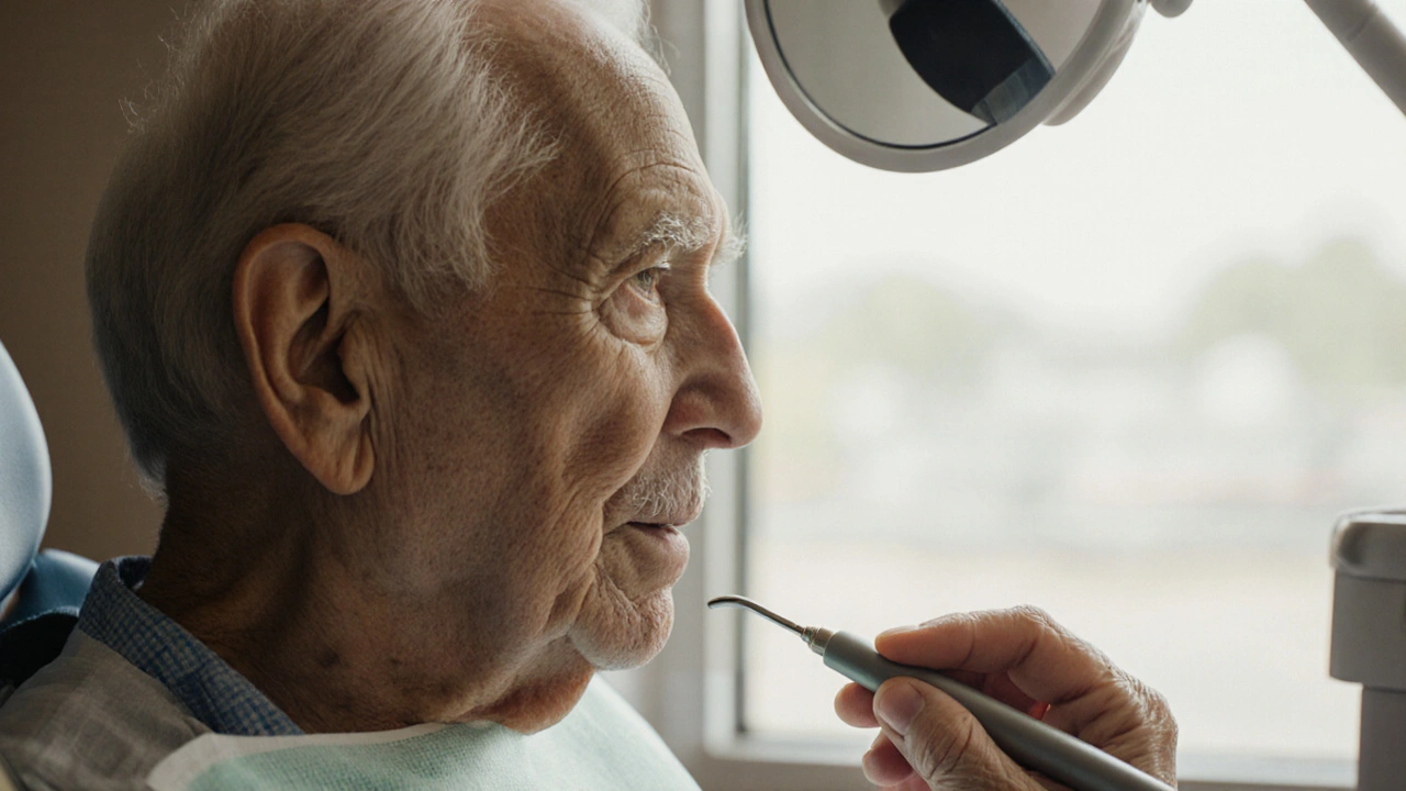 Dospělý muž hledí do zrcadla při vyšetření dásní, s příznaky ztráty zubů.