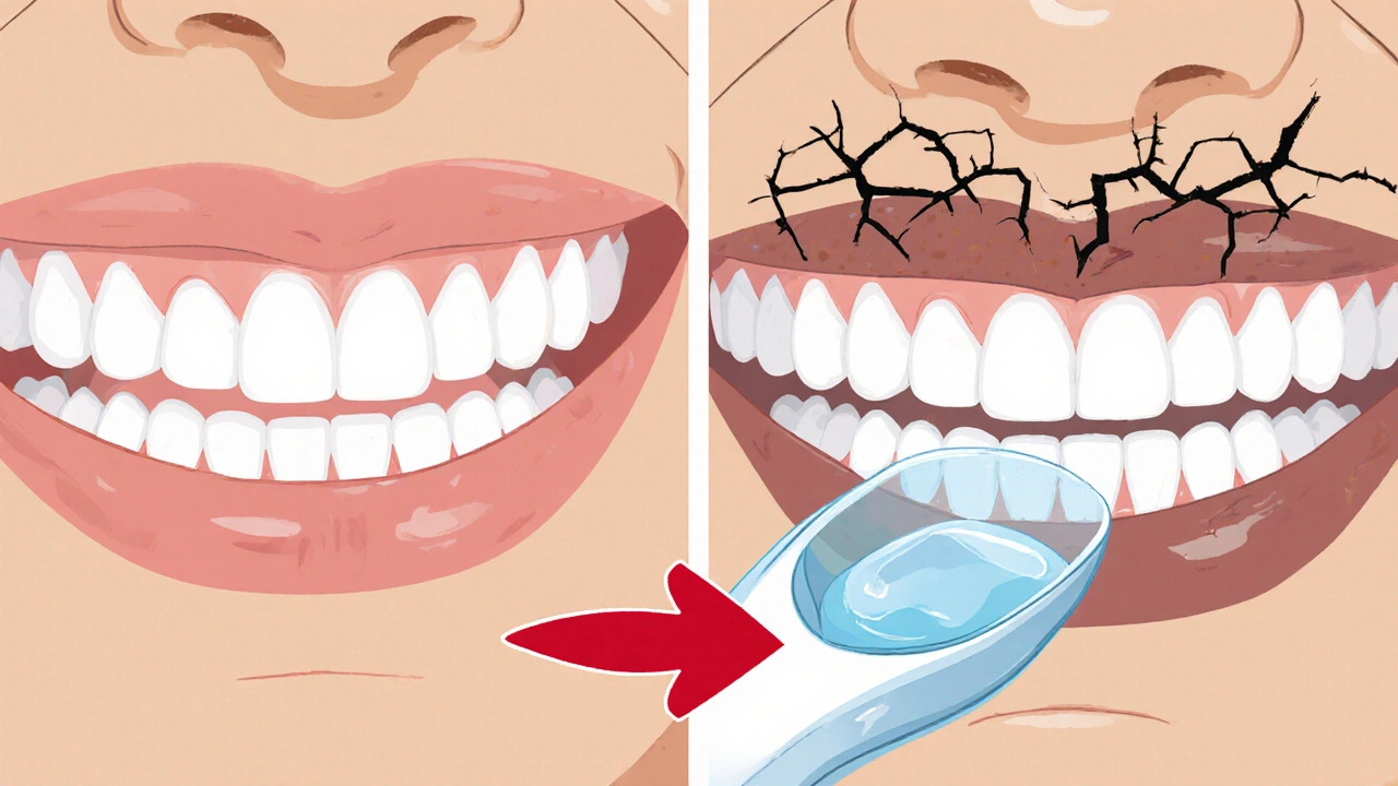 Dva protistojící obrázky zubů: jeden bílý a zdravý, druhý poškozený a ztmavený z důvodu přílišného používání.