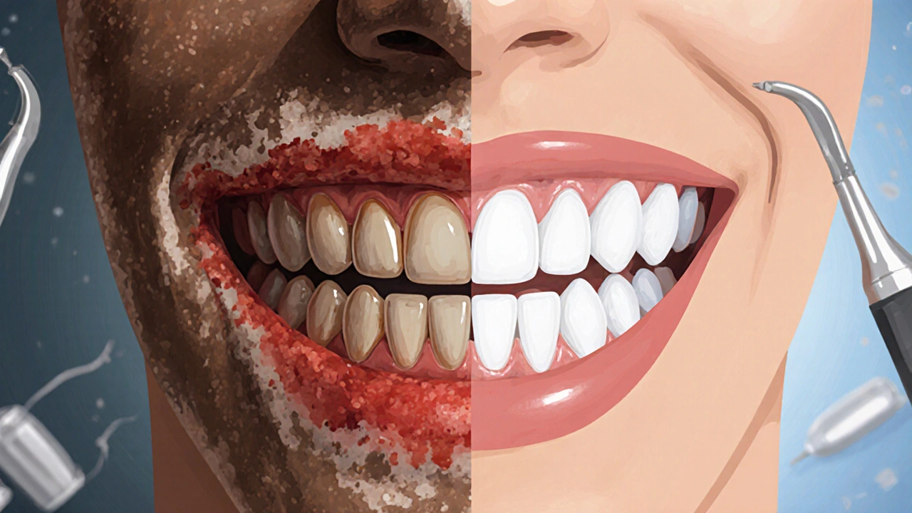 Dvě sady zubů: jedny znečištěné a s červenými dásněmi, druhé čisté a se zdravými dásněmi – kontrast před a po pískování.