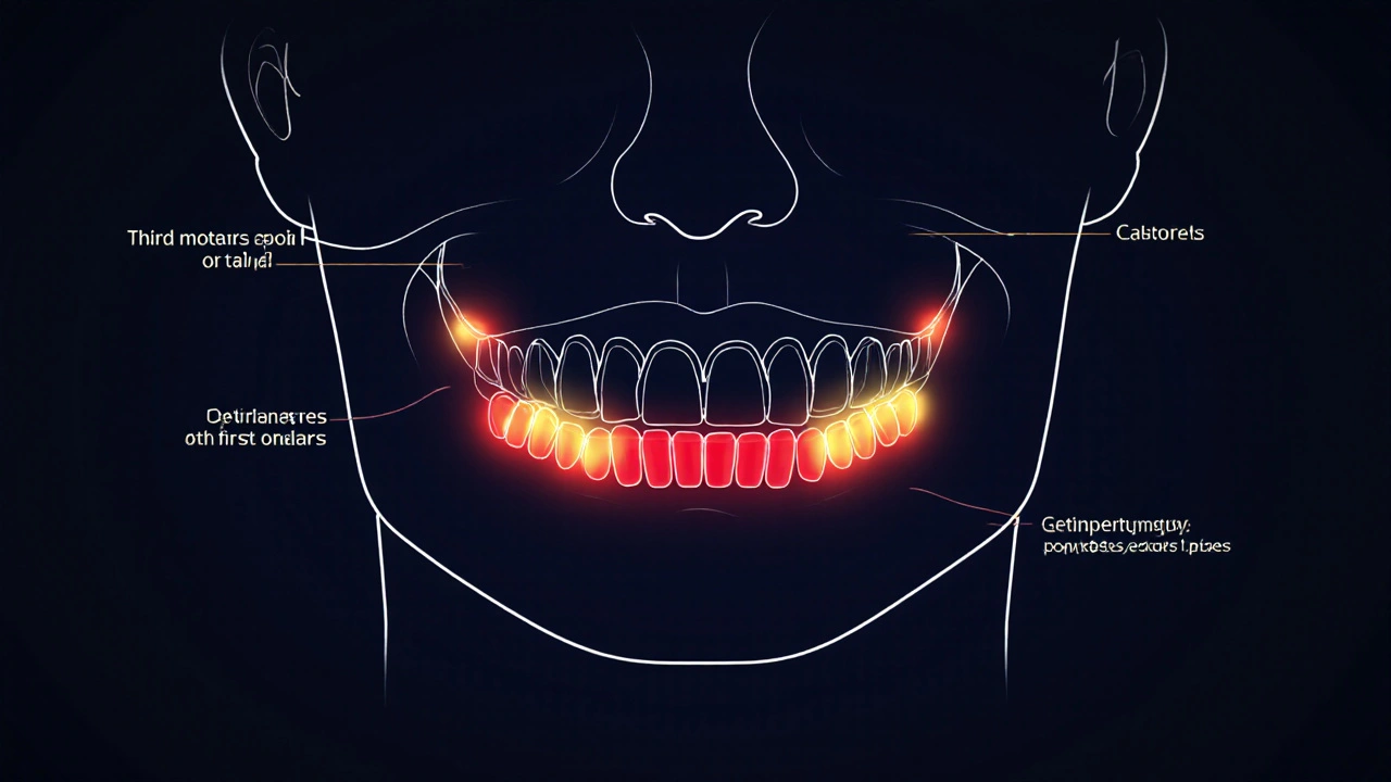 Koncepční obrázek čelisti s označenými ohroženými oblastmi zubů: osminky, fissury a zubní sklovině.