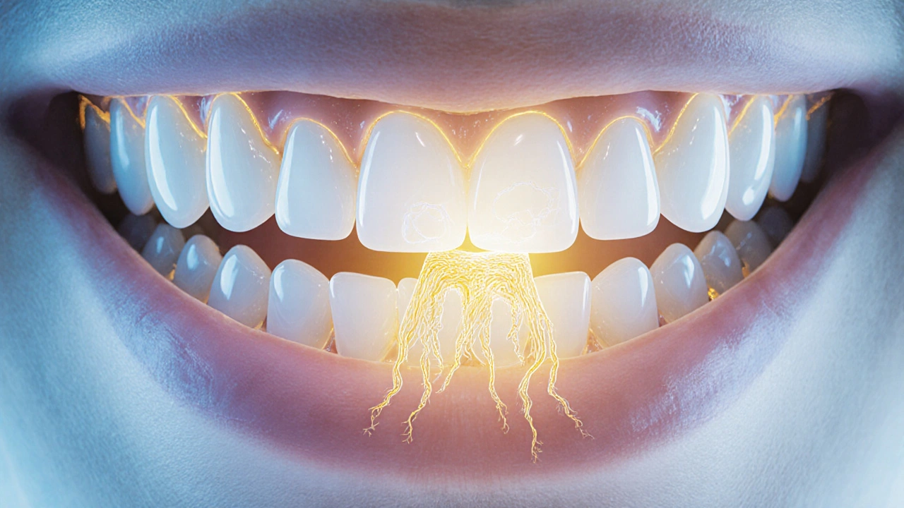 Koncepční obrázek úsměvu s viditelnými kořeny zubů, kde nejdelší kořen září.
