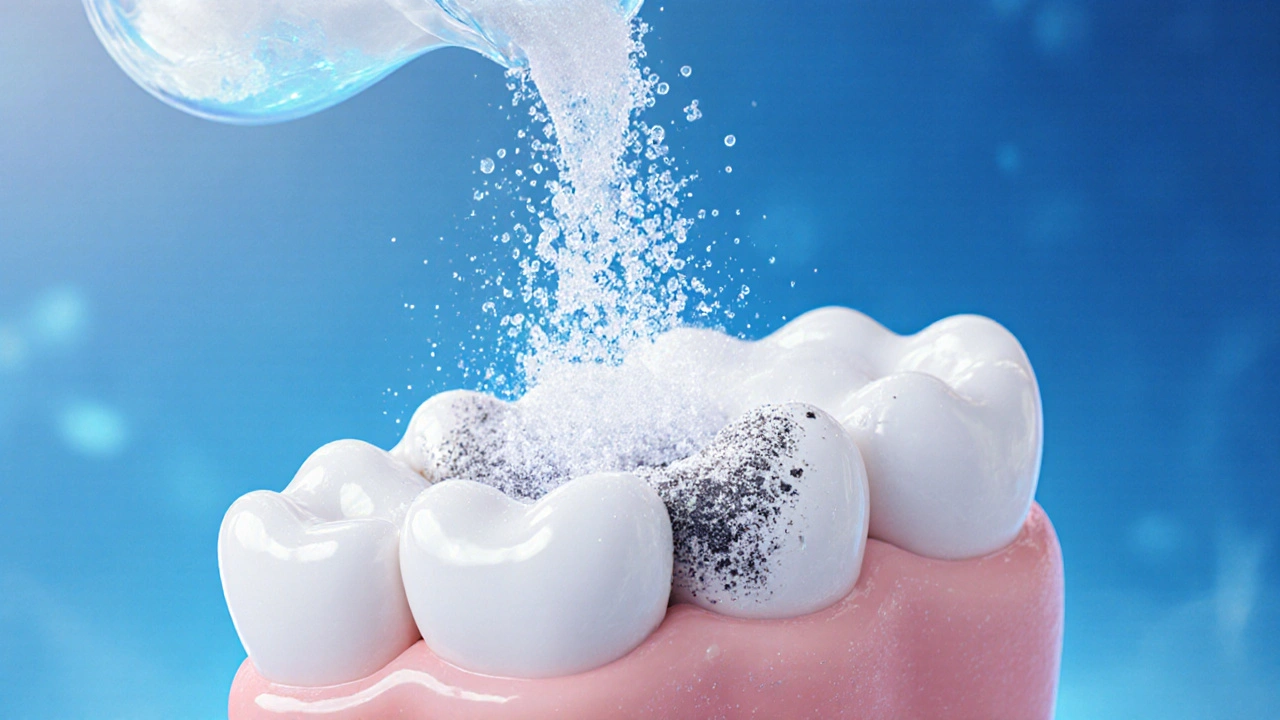 Mikroskopický pohled na jemný proud částic, které odstraňují zubní kámen a skvrny z povrchu zubu, zatímco sklovinka zůstává nepoškozená.