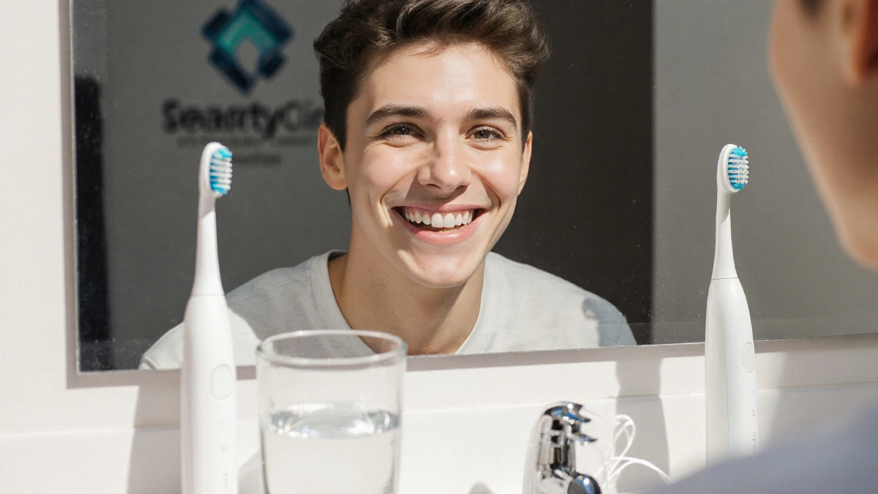 Mladý muž se usmívá do zrcadla po odstranění drátků, s čistými zuby a sonickým kartáčkem na stole.