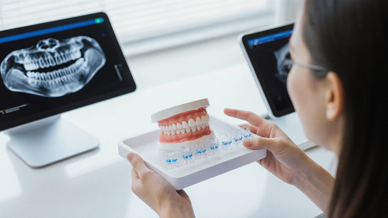 Ortodont drží sérii průhledných rovnátek vedle 3D modelu zubů.