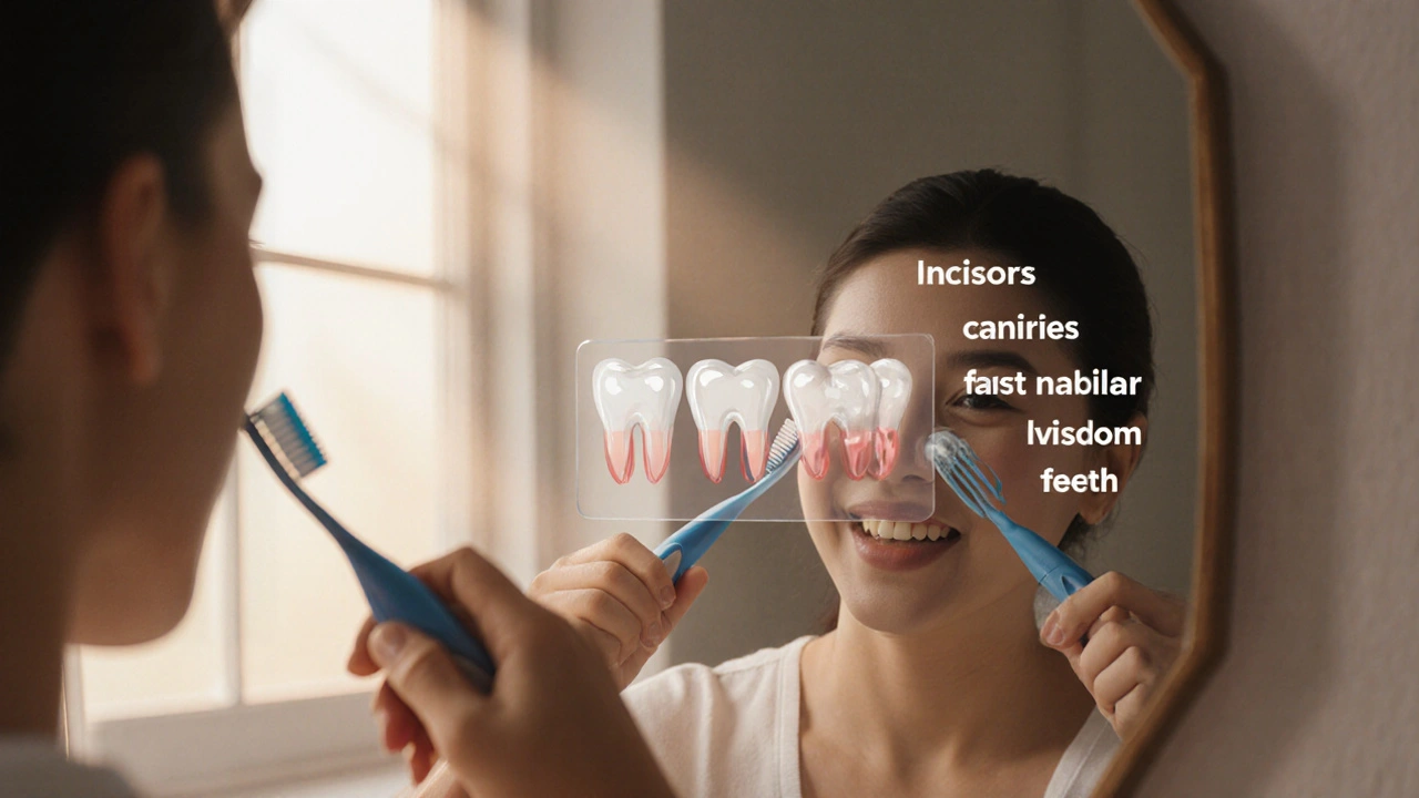 Osoba čistí zuby před zrcadlem, kde v odrazu vidíme názvy jednotlivých zubů.