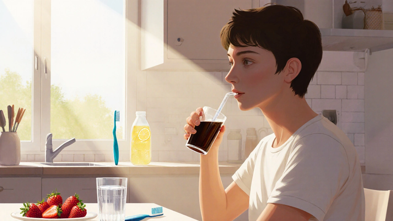 Osoba pije kávu přes slámečku, vedle ní jsou zubní kartáček a nitě.