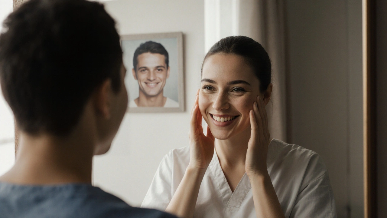 Pacient se dívá do zrcadla po operaci, za ním fotka před zákrokem