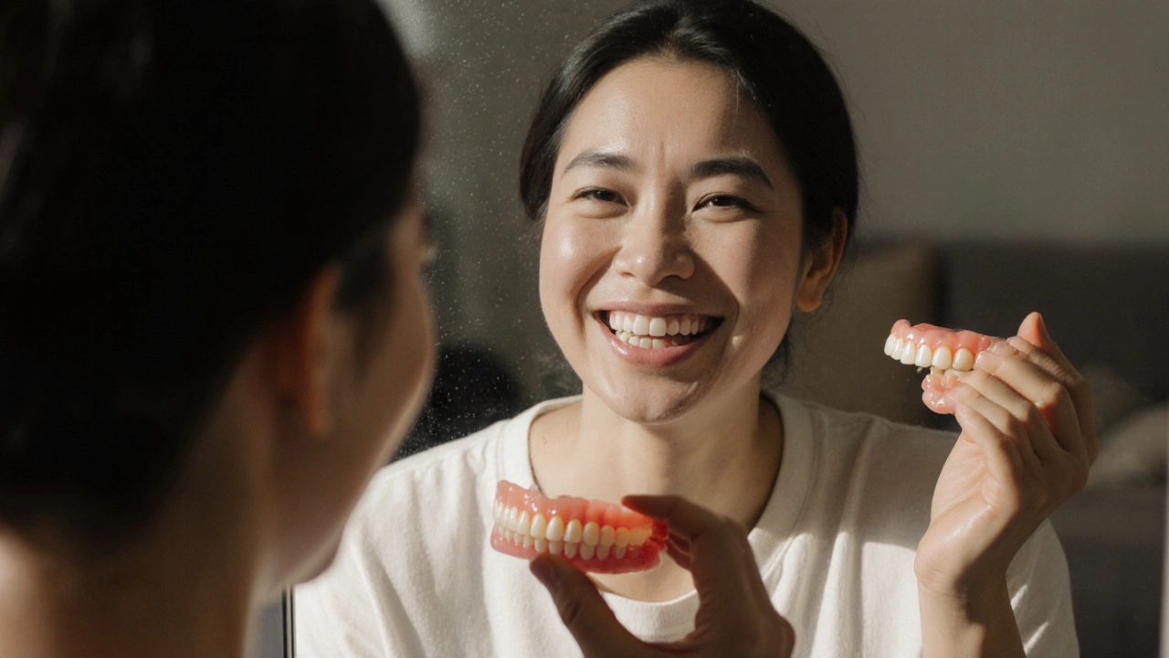 Person smiling at their reflection after receiving new full-arch teeth.