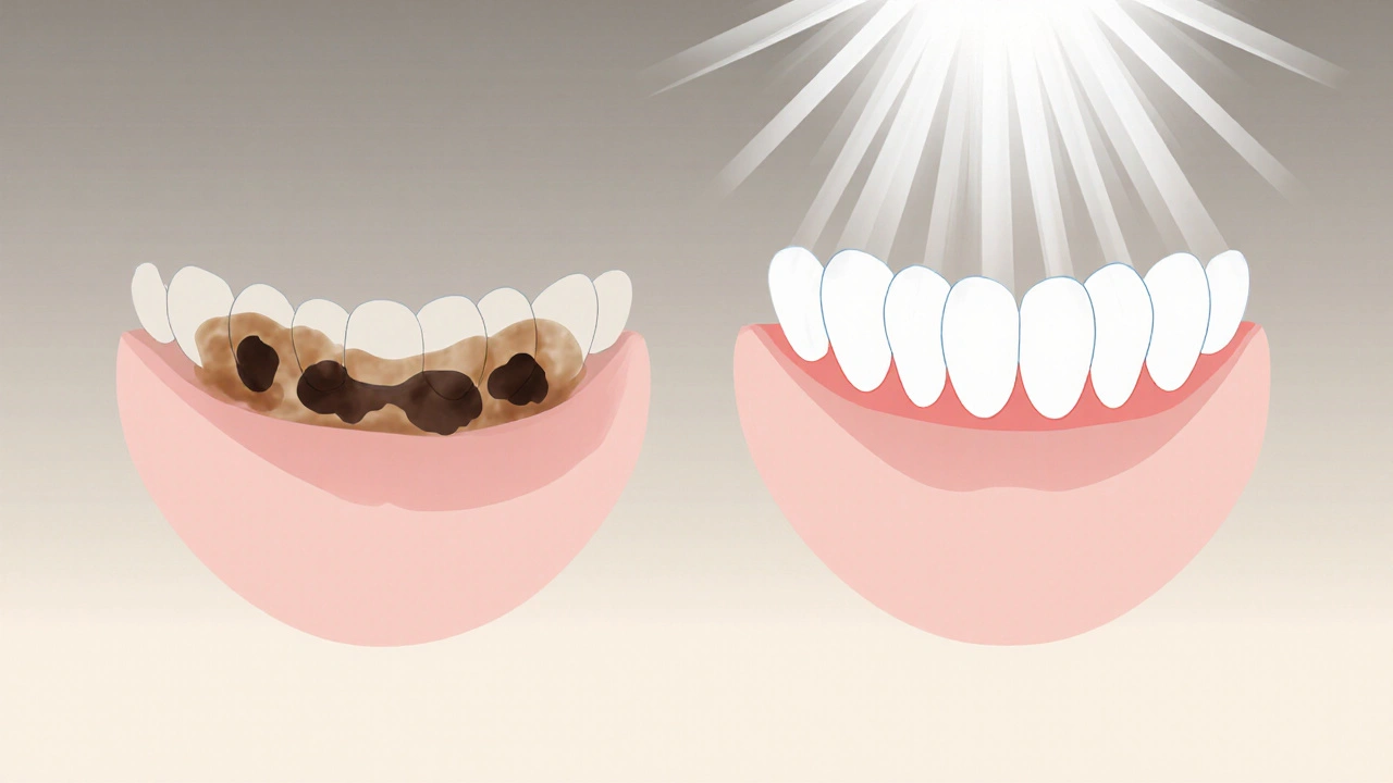 Porovnání tmavě zbarvených zubů s bílými zuby po odborném bělení.