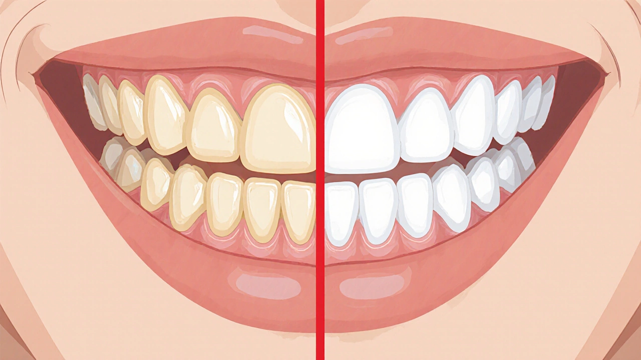 Porovnání zdravých a poškozených zubů po příliš častém bělení.