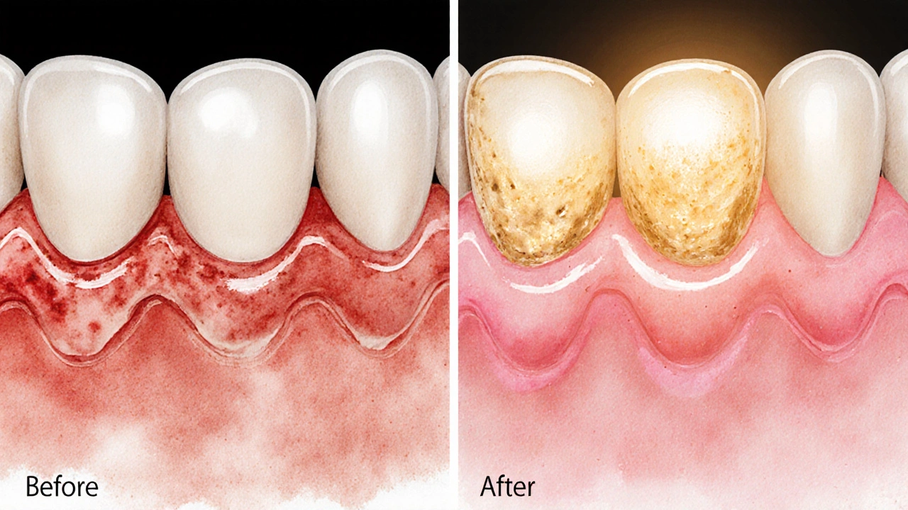 Porovnání zdravých a zánětlivých dásní po kyretáži s výrazným zlepšením.