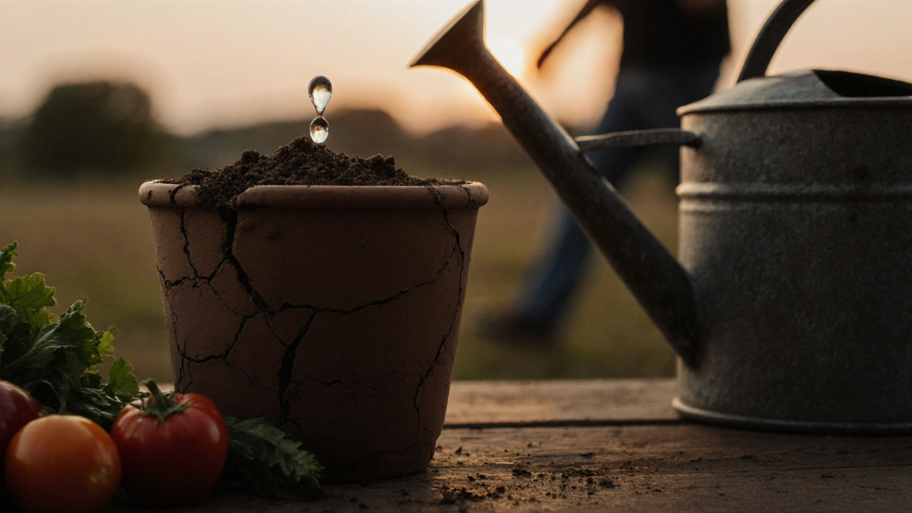 Prasklá hrnčířská nádoba s suchou půdou vedle vody a zeleninou, symbolizující zácpu a obnovu.