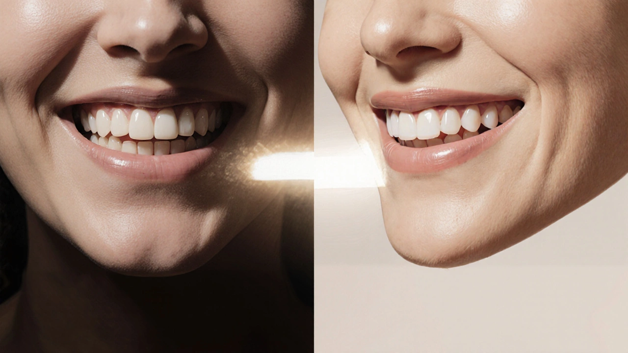 Před a po transformaci čelisti: zhoršený předkus přechází do správného sevření.