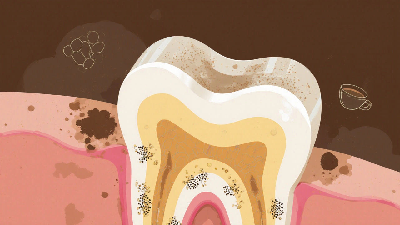 Příčný řez zubem s vrstvami emailu, dentinu a zubním plakem, vystižený v přírodních tónech.