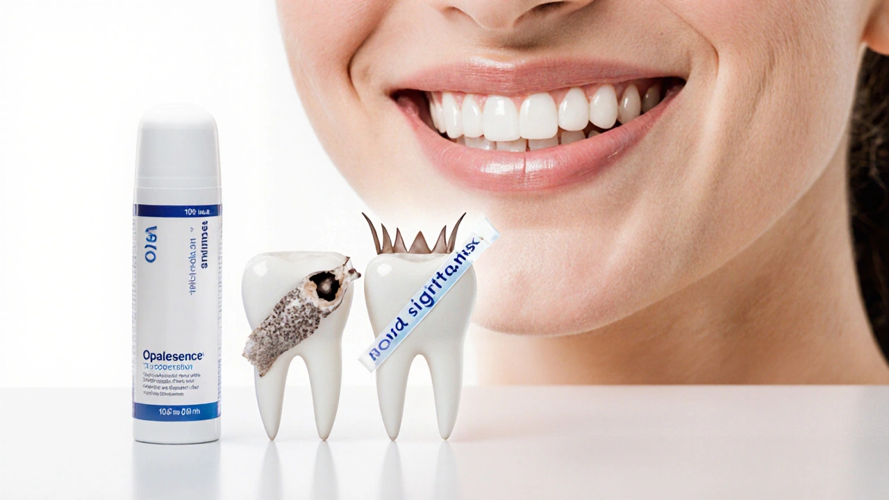 Produkty Opalescence uspořádané podle koncentrace vedle zubního kamene, plomby a zubní korunky s výstrahou.