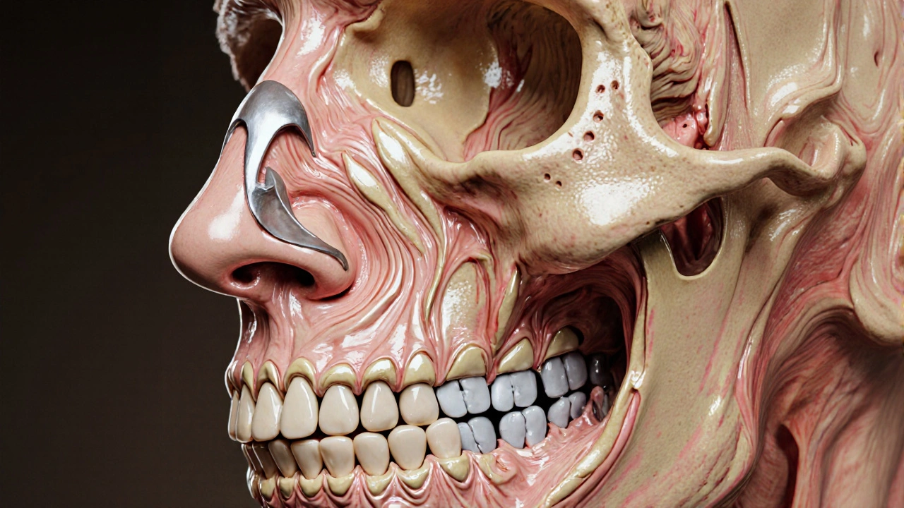 Průřez obličeje ukazující přesun čelistí a titanové desky