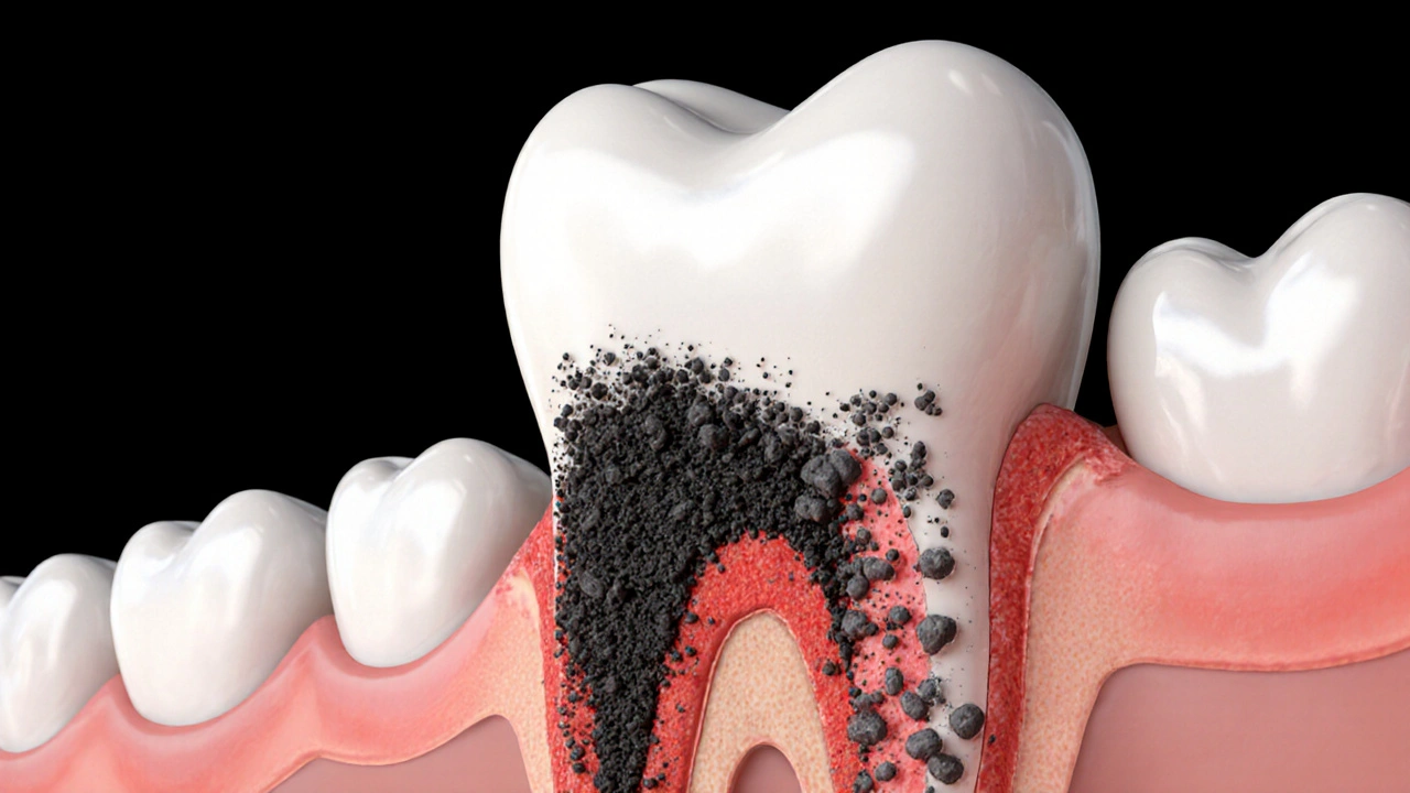 Průřez zubu s černým kamenem pod dásní a zánětem kosti kolem kořene.